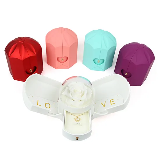 Unique Double Door Little Love Angel Wings Valentine′s Day Gift Eternal Flower Ring Necklace Earrings Jewelry Box 