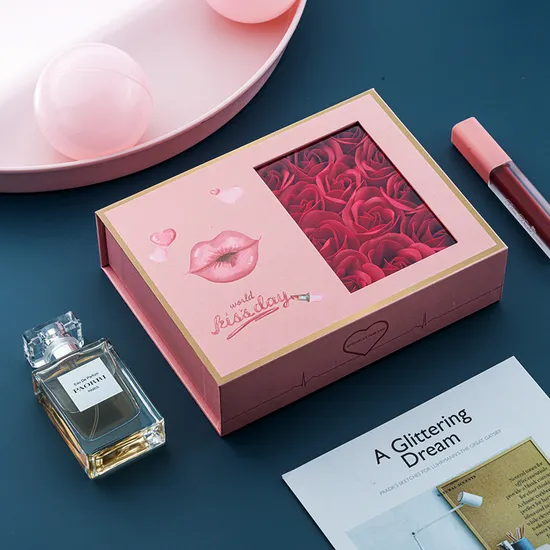Wholesale Valentine′s Day Perfume Lipstick Roses Flip Top Cosmetics Coated Cardboard Packaging Ribbons Flower Lipsticks Carton Packaging Window Gift Paper Box 